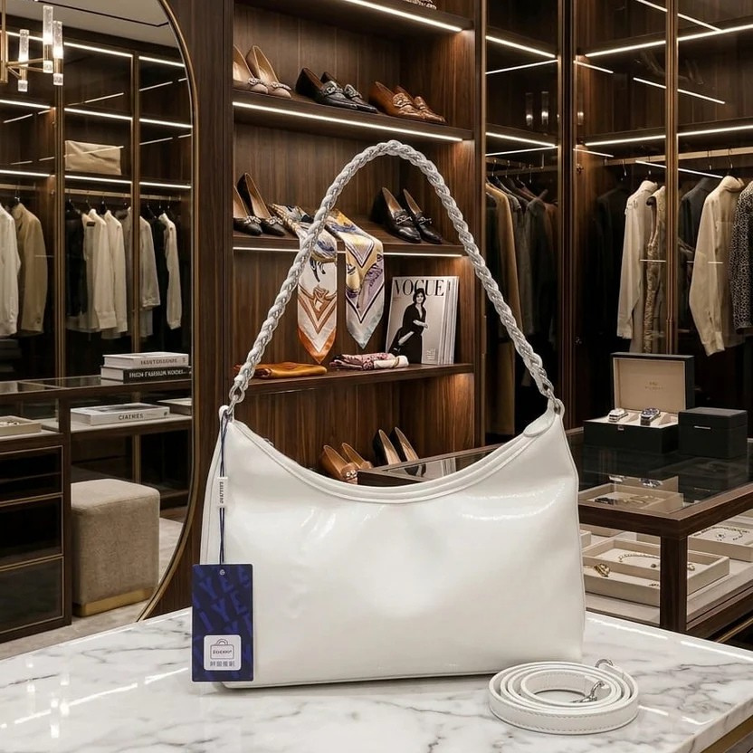 Elegant White Shoulder Bag with Braided Strap