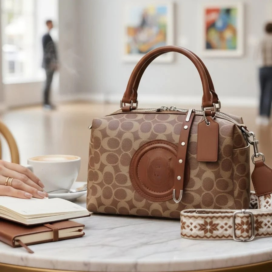 Brown Signature Canvas Barrel Bag with Adjustable Strap