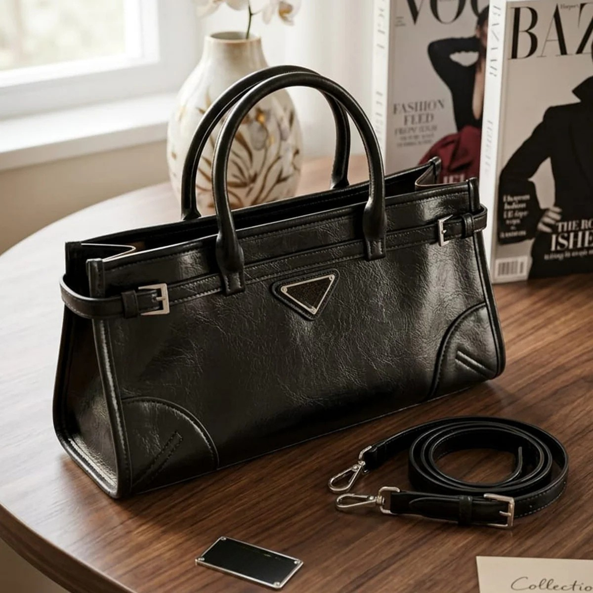 Black Structured Tote Bag with Adjustable Straps