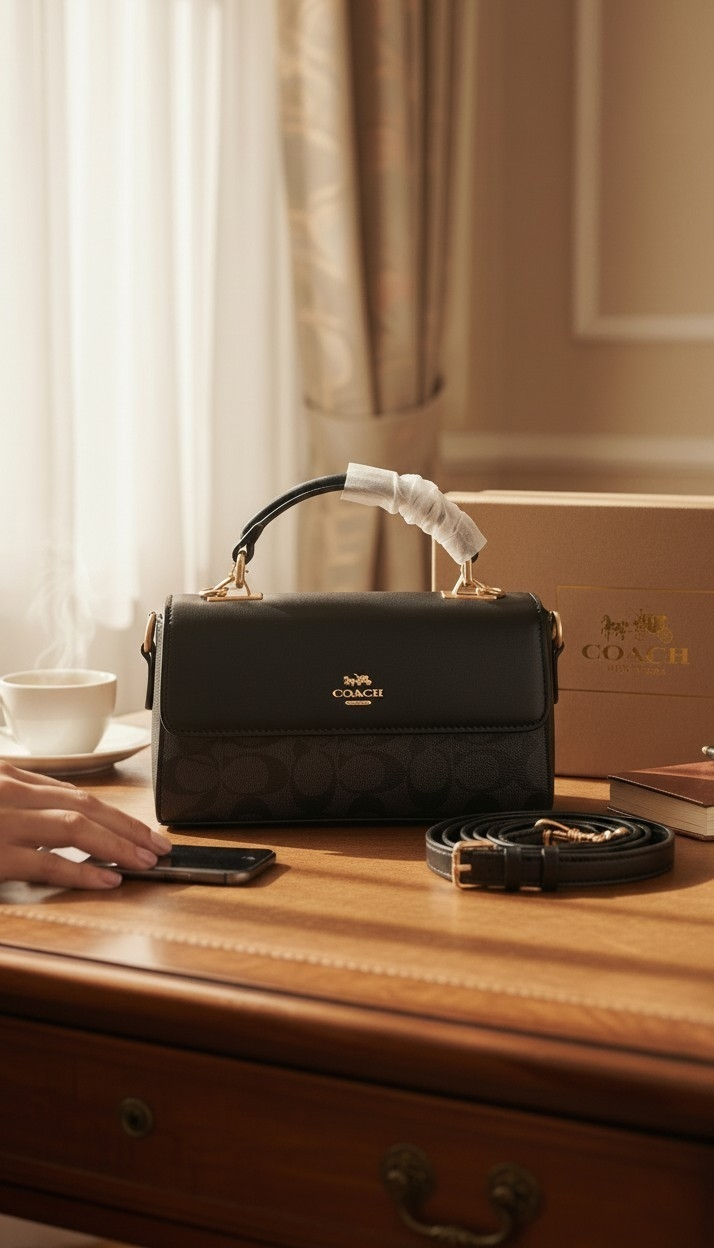 Coach Marlie top handle bag in black leather on wooden dresser with Coach box
