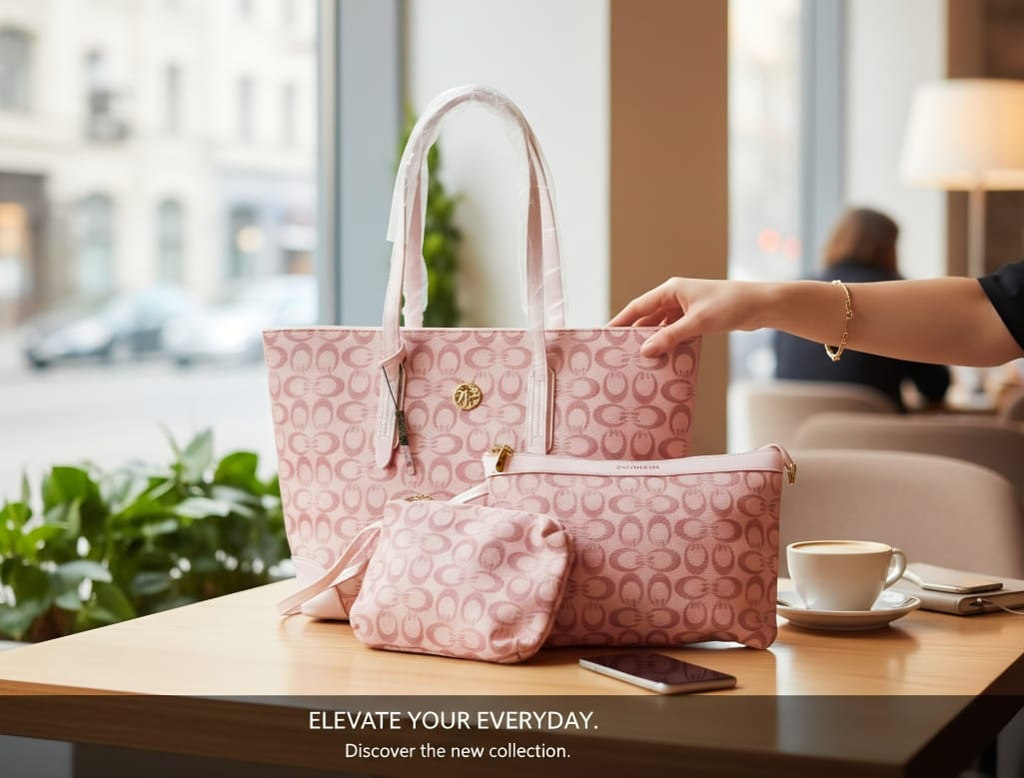 Monogram Signature Tote Set blush pink lifestyle shot side angle