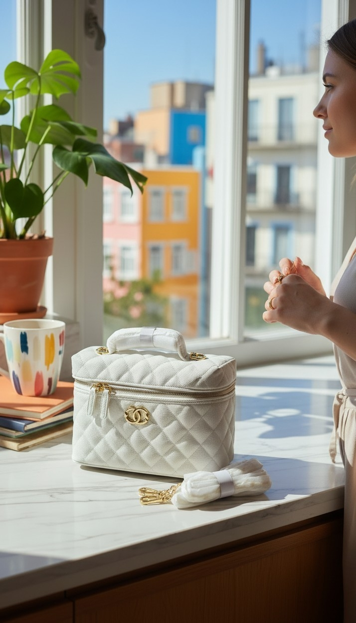 White quilted caviar vanity case bag on marble counter by window
