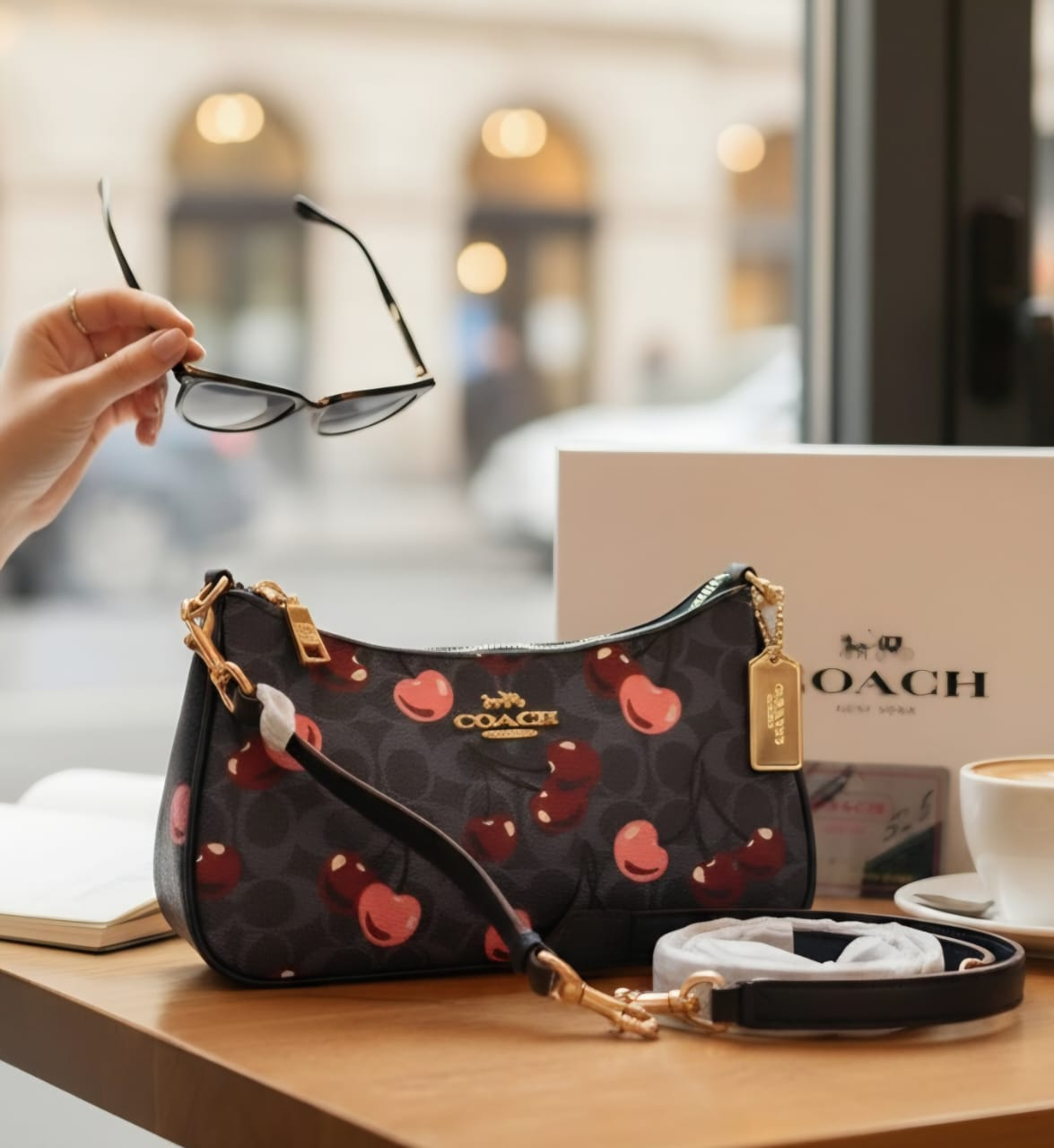 Coach Teri shoulder bag cherry print close up on cafe table with Coach box