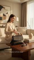 Black pebbled leather flap crossbody bag on coffee table with woman in background
