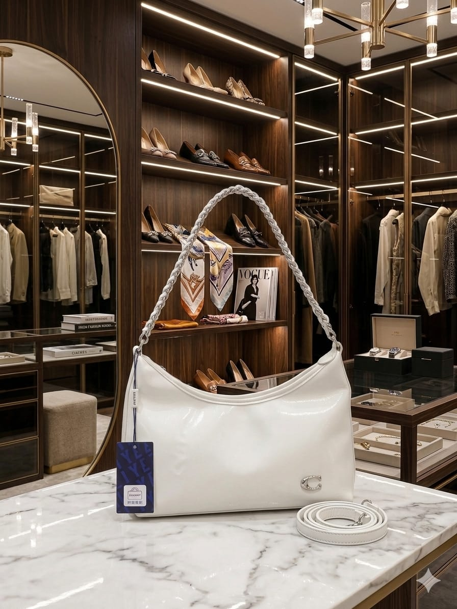 Coach Cassy hobo bag in ivory white on marble counter in luxury boutique