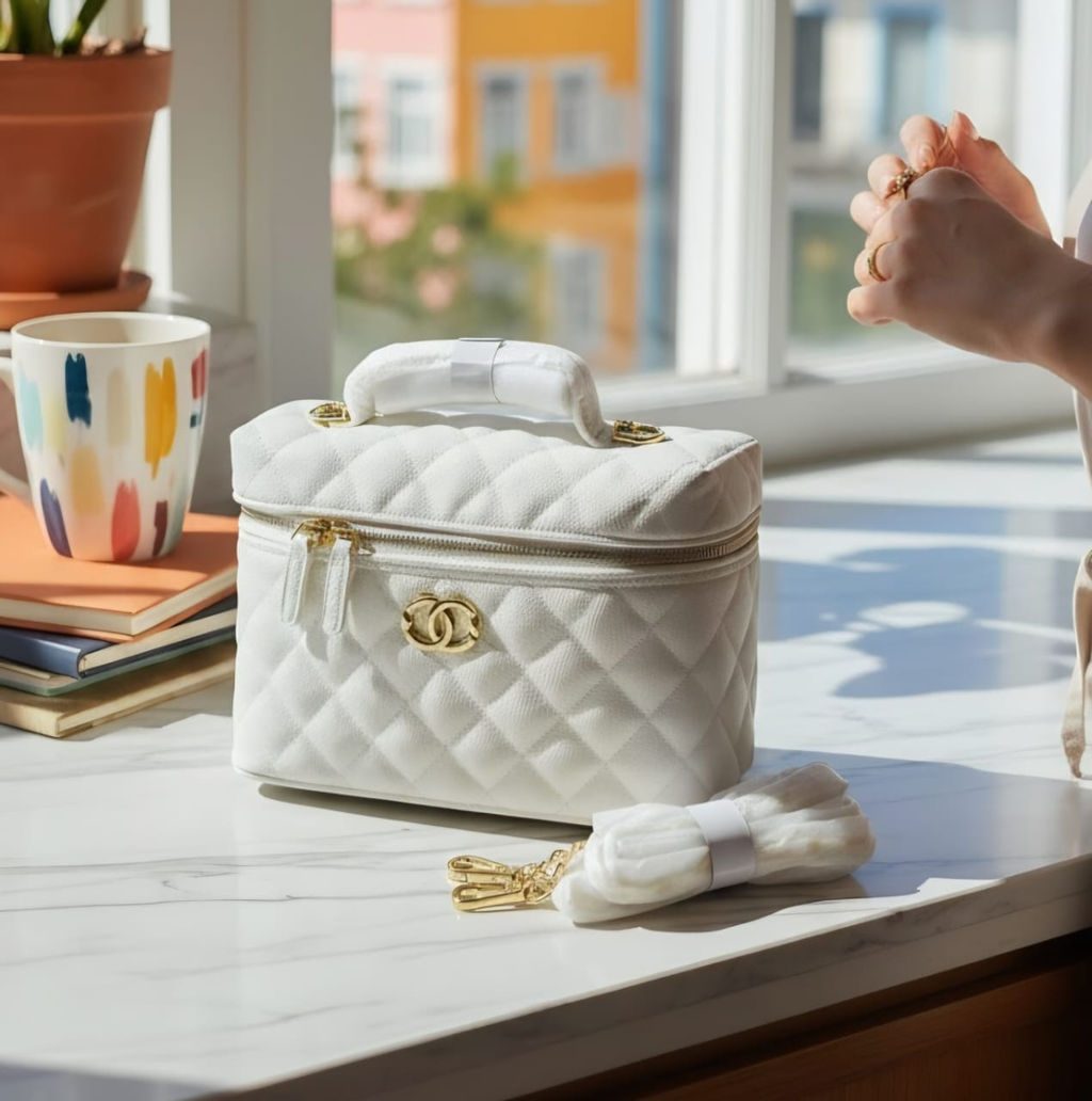 White quilted caviar vanity case bag close up on marble surface in sunlight