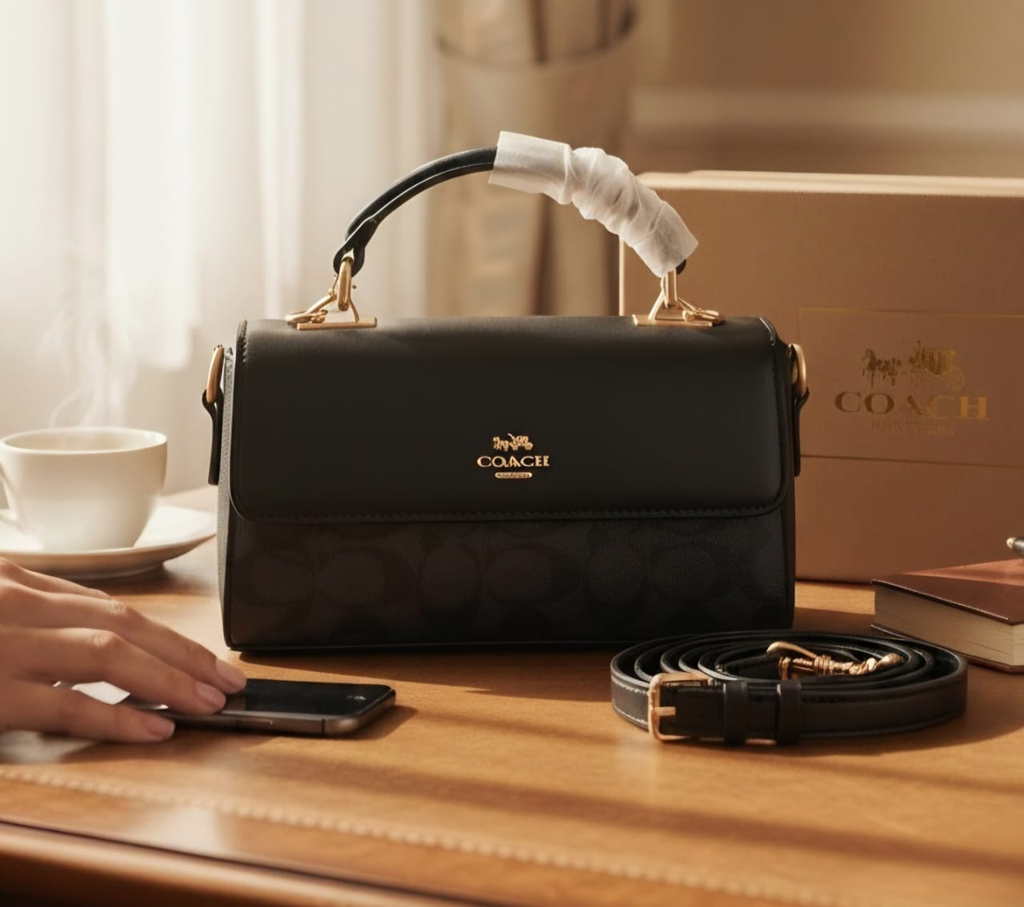 Coach Marlie top handle bag black leather close up on wooden dresser