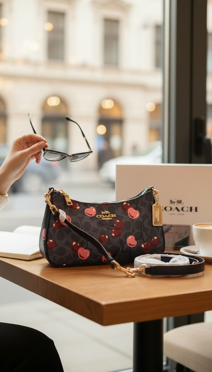 Coach Teri shoulder bag cherry print signature canvas on cafe table