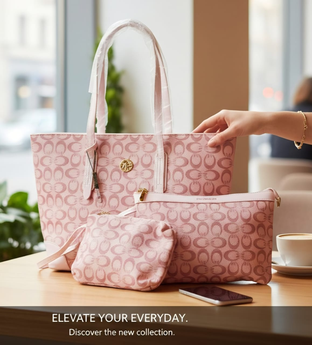 Monogram Signature Tote Set blush pink lifestyle shot on table