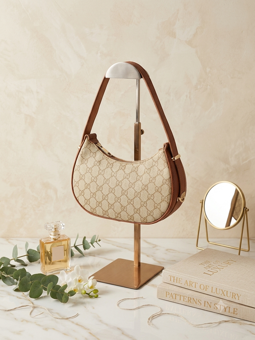 Beige Monogram Print Shoulder Bag with tan brown  Trim