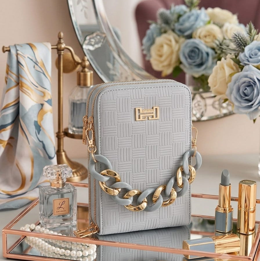 Blue and Brown Textured Crossbody Bag with Statement Chain