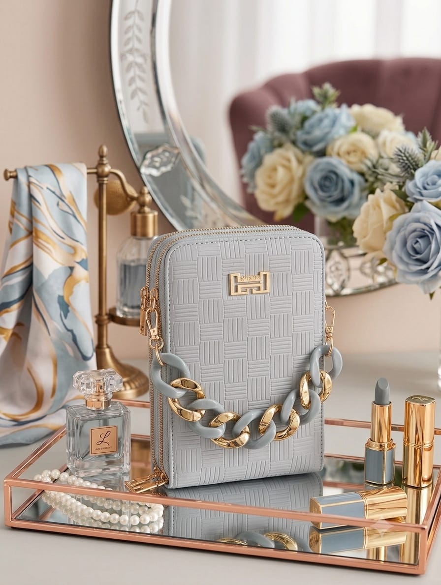 Lavender Textured Crossbody Bag with Statement Chain