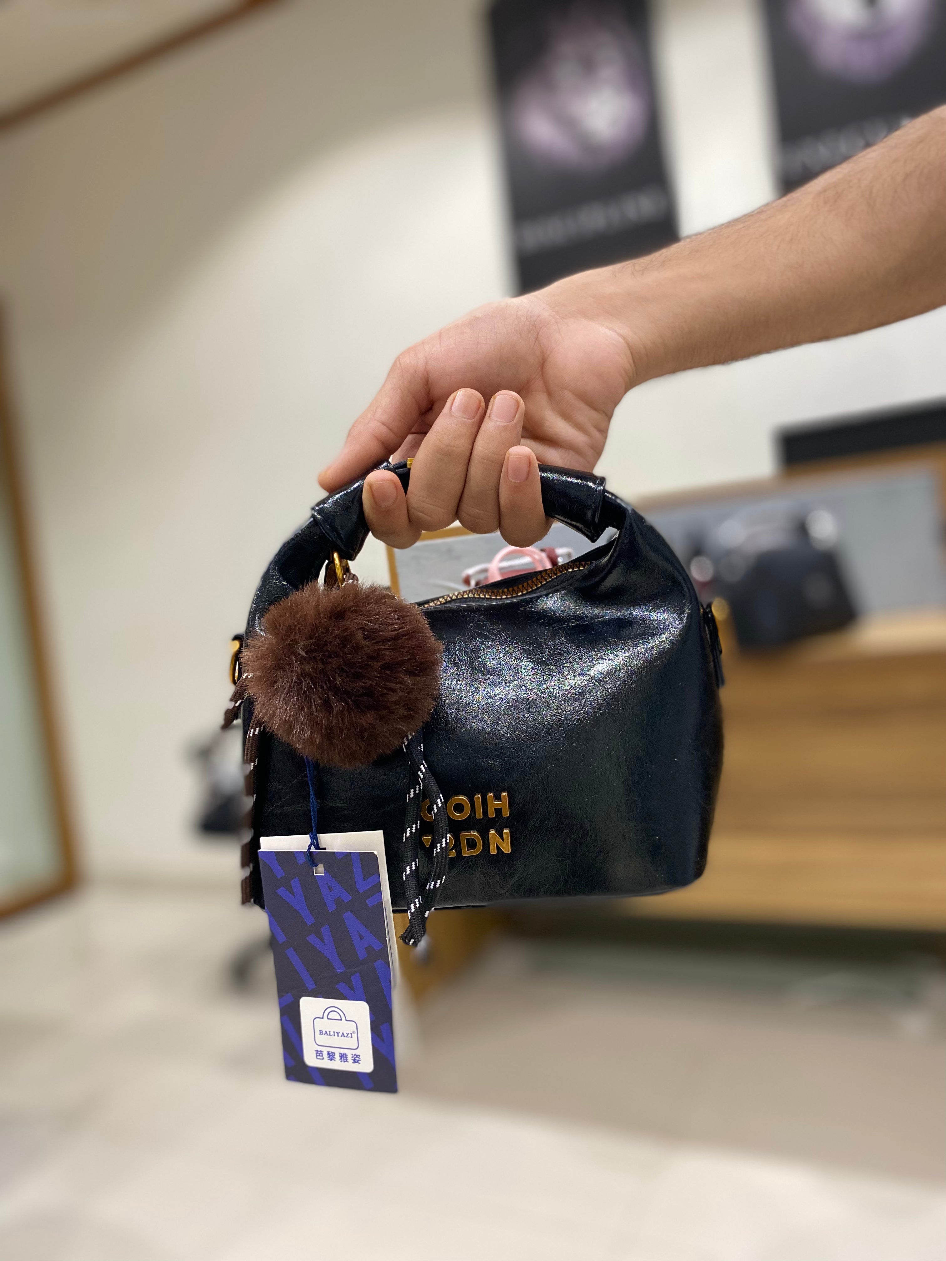 Black  Premium Leather HandBag with Faux Fur Charm & Adjustable Strap