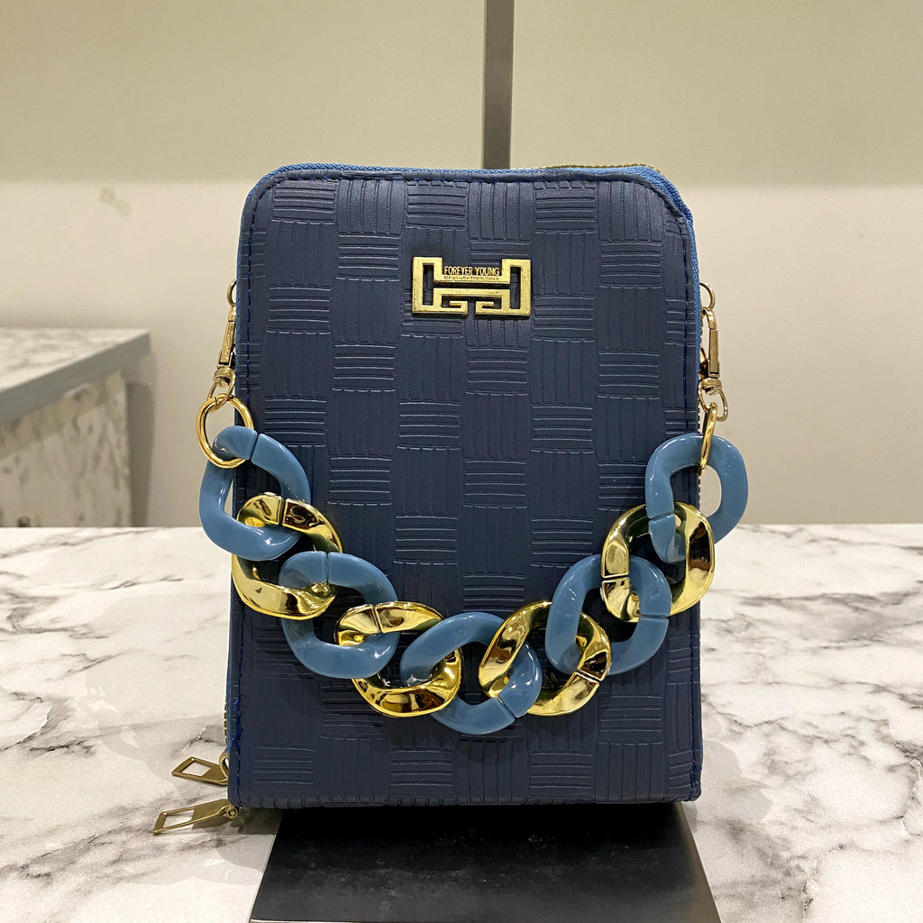 Blue and Brown Textured Crossbody Bag with Statement Chain