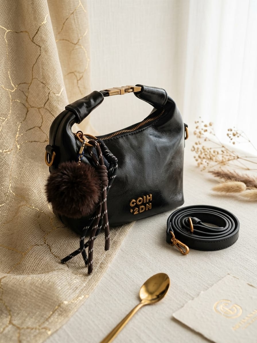 Brown Shoulder Bag with Faux Fur Charm & Adjustable Strap