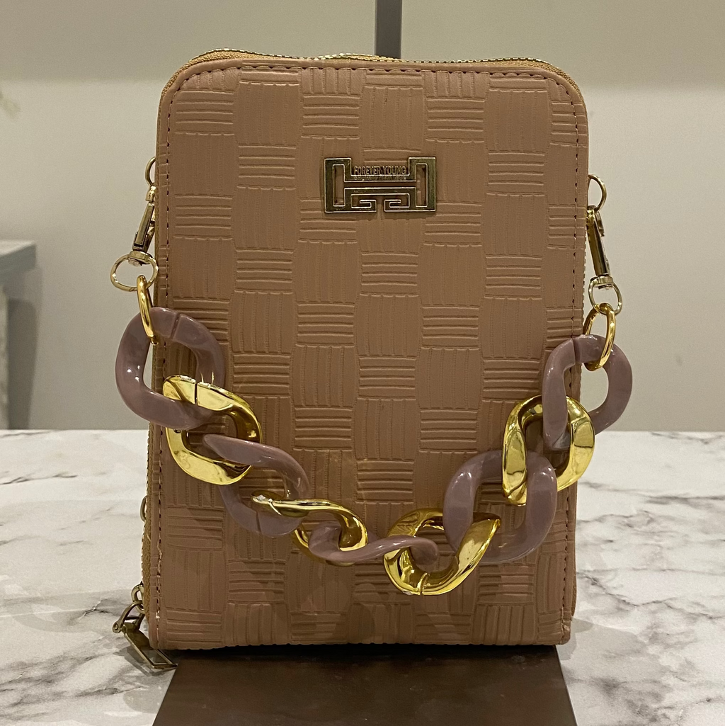 Blue and Brown Textured Crossbody Bag with Statement Chain