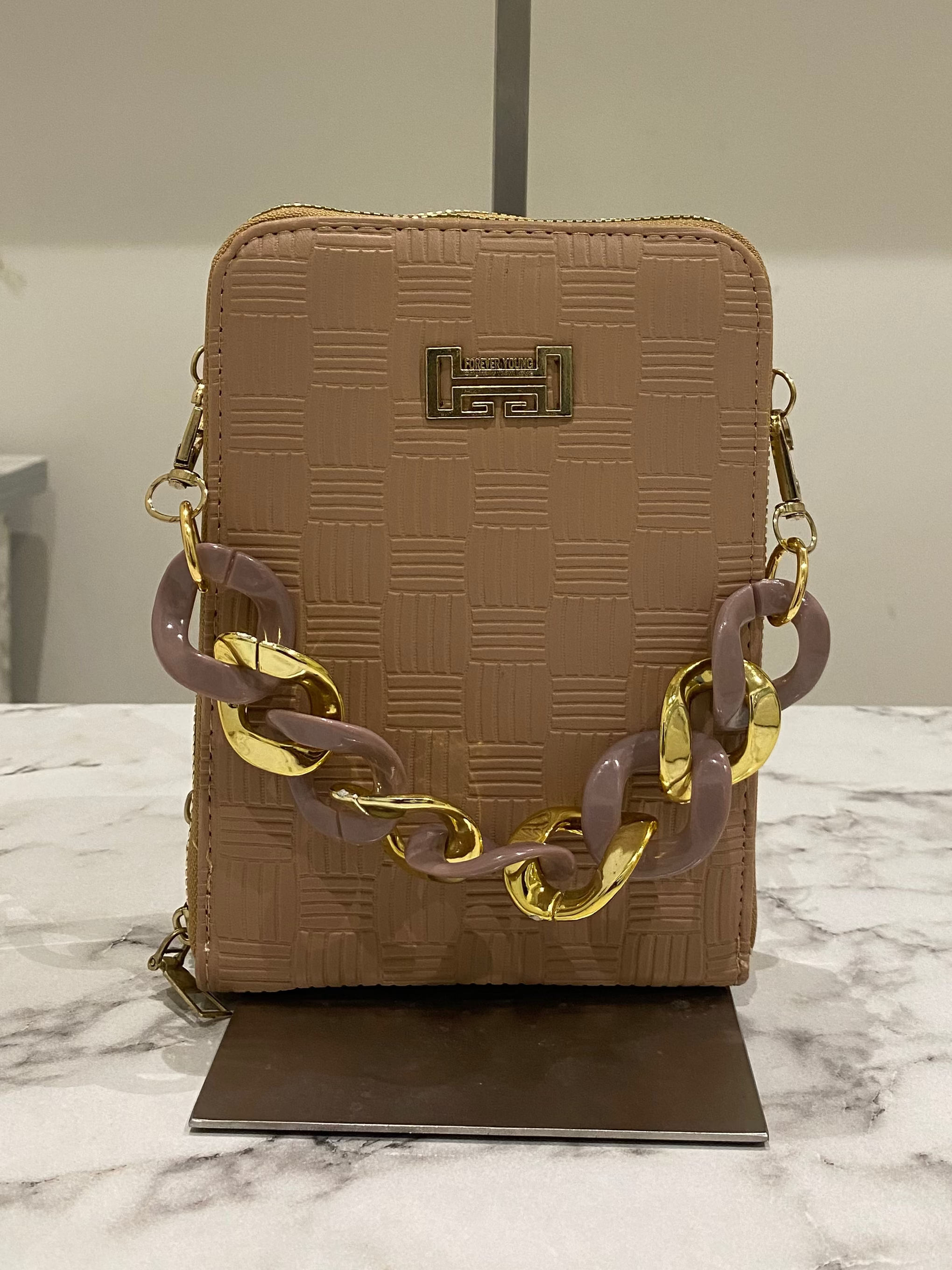 Lavender Textured Crossbody Bag with Statement Chain
