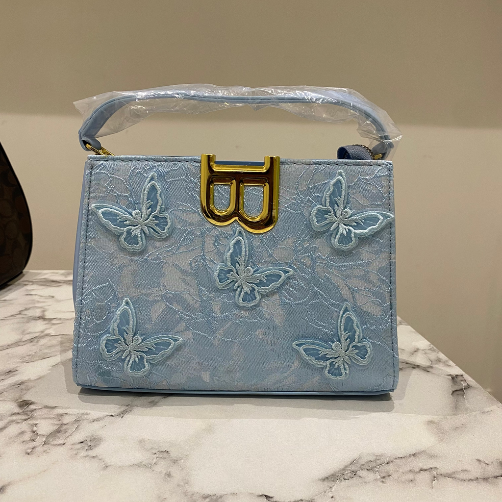 Baby Blue 3D BUTTERFLY Floral Lace Premium Handbag